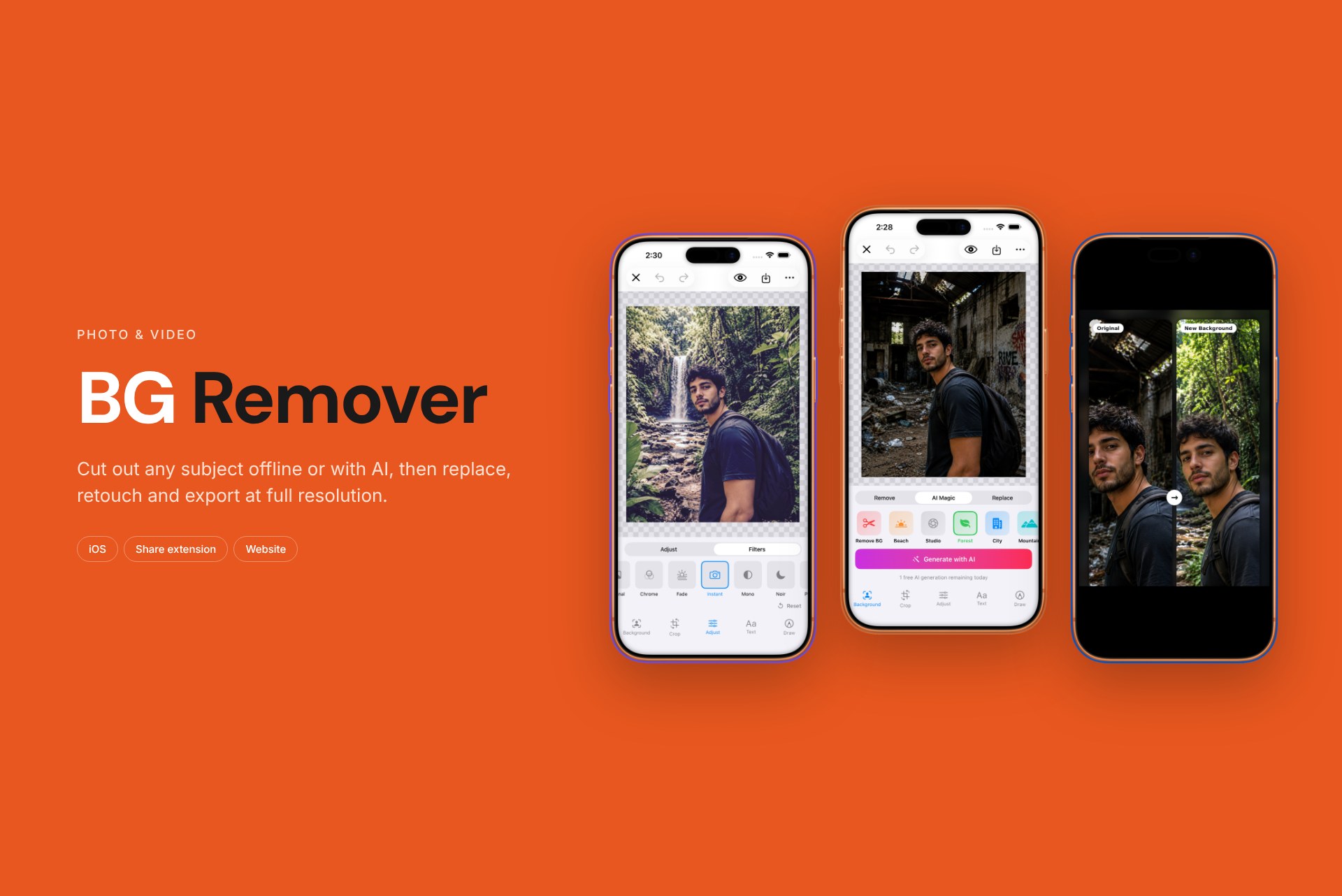BG Remover app screens: background removal, adjustments and before and after