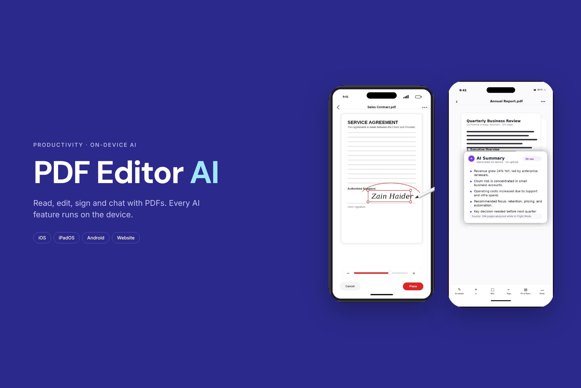 PDF Editor AI screens: signing a contract and an AI summary of a report
