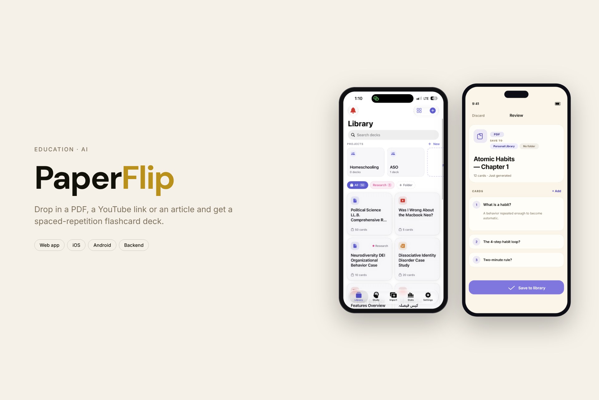 PaperFlip app screens: deck library and a generated deck review