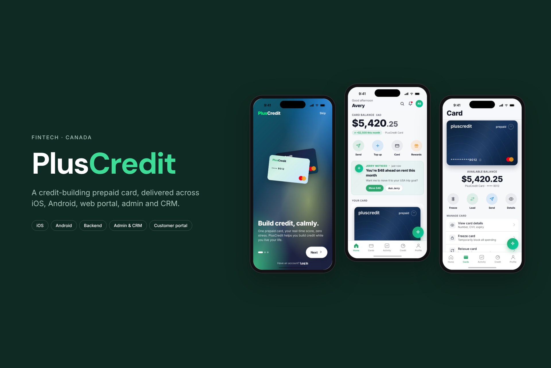 PlusCredit app screens: welcome, home and card