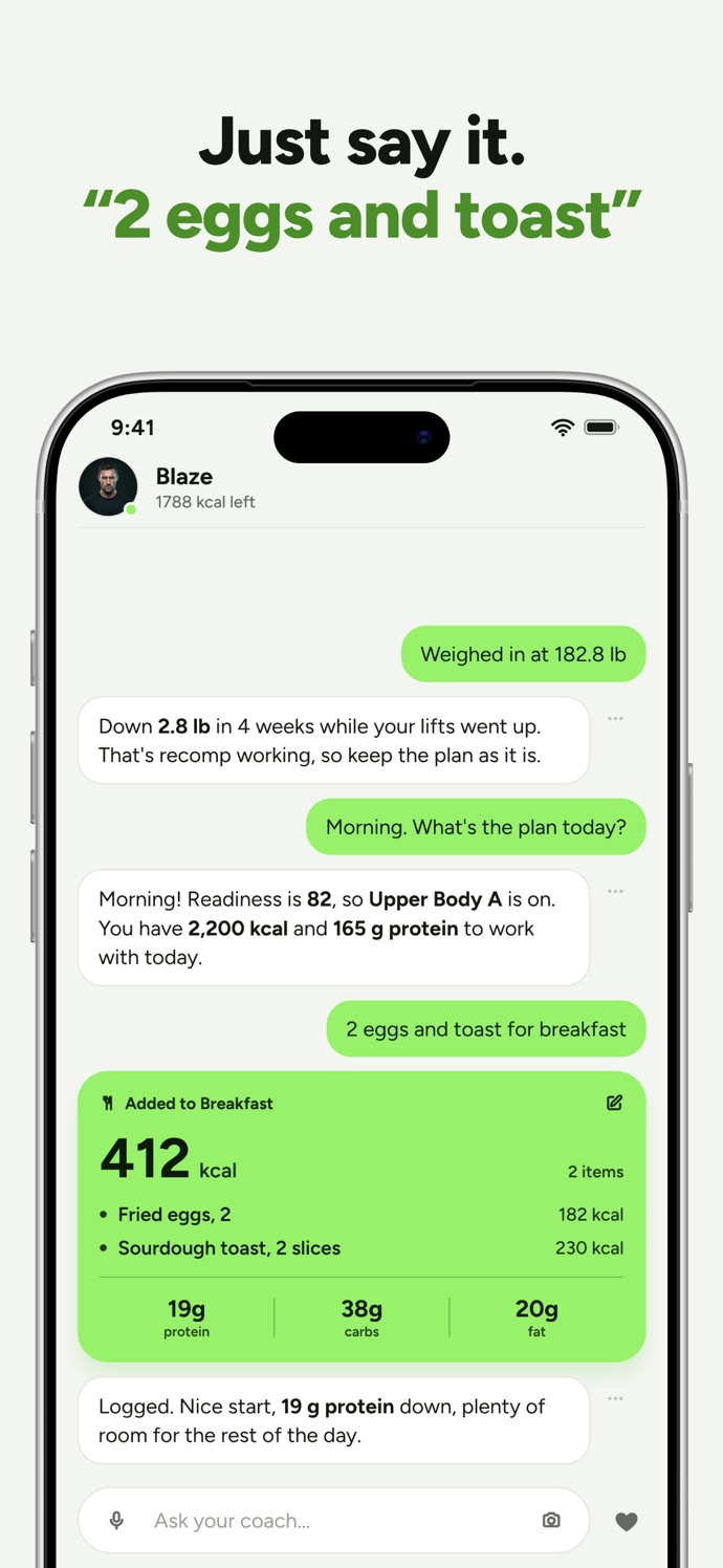 Vitalume App Store screenshot: log a meal by chat or voice