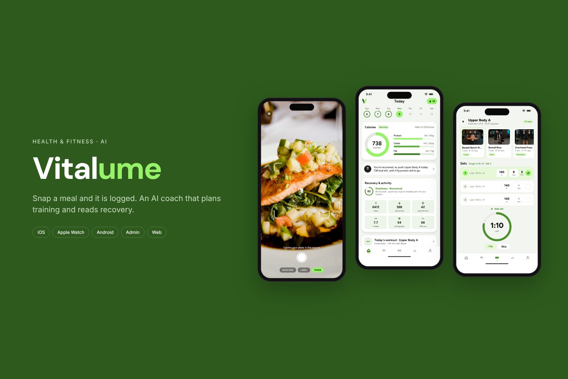 Vitalume app screens: food camera, daily dashboard and workout set logging